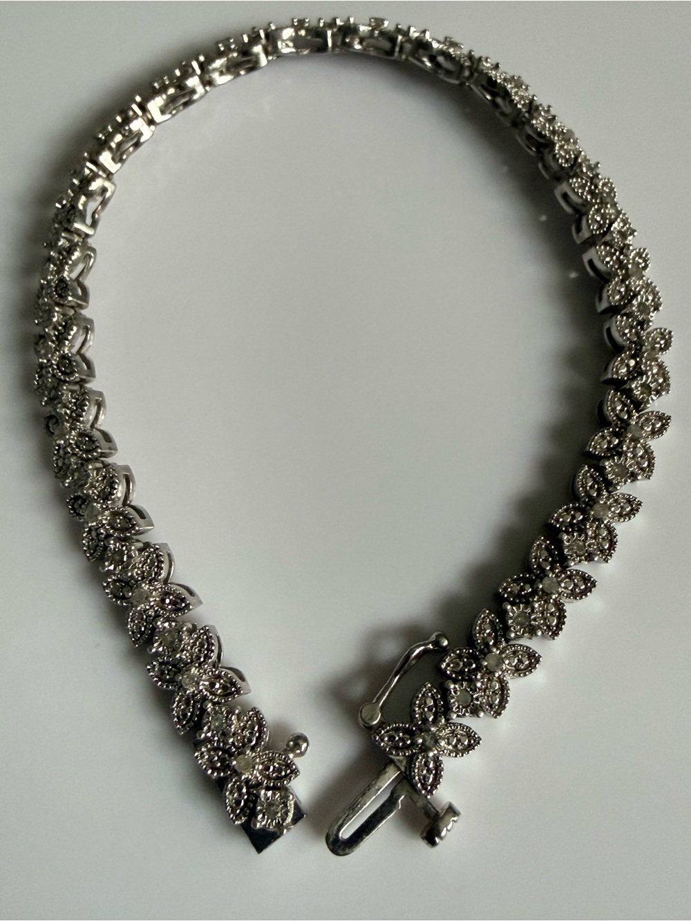 925 Sterling Silver Diamond Floral Tennis Link Bracelet Box Clasp